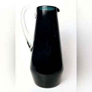 Vintage MCM Art Glass Pitcher Black with Teal Interior Clear Handle